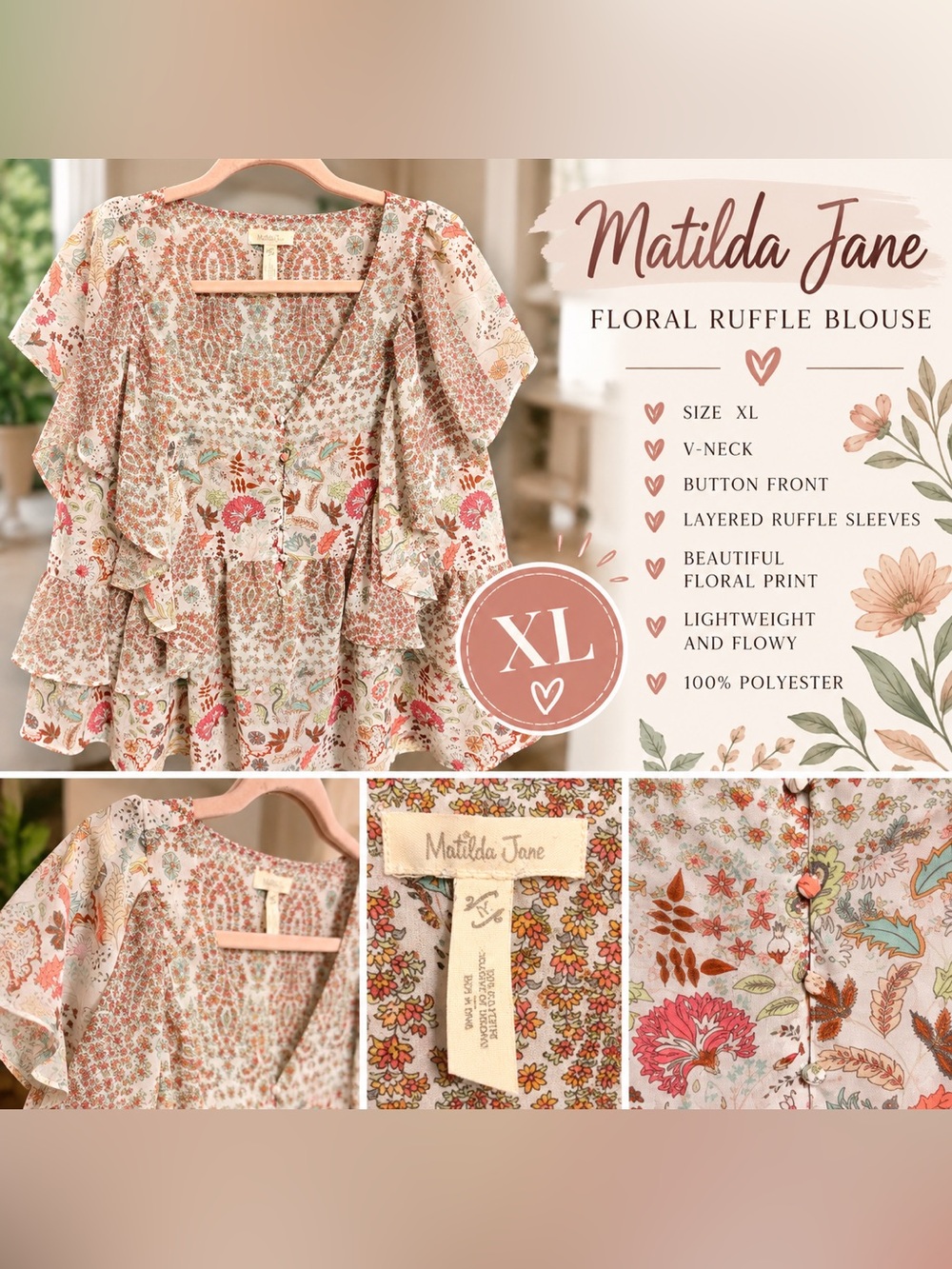 Matilda Jane Cream Floral Ruffle Dress with Pink Accents